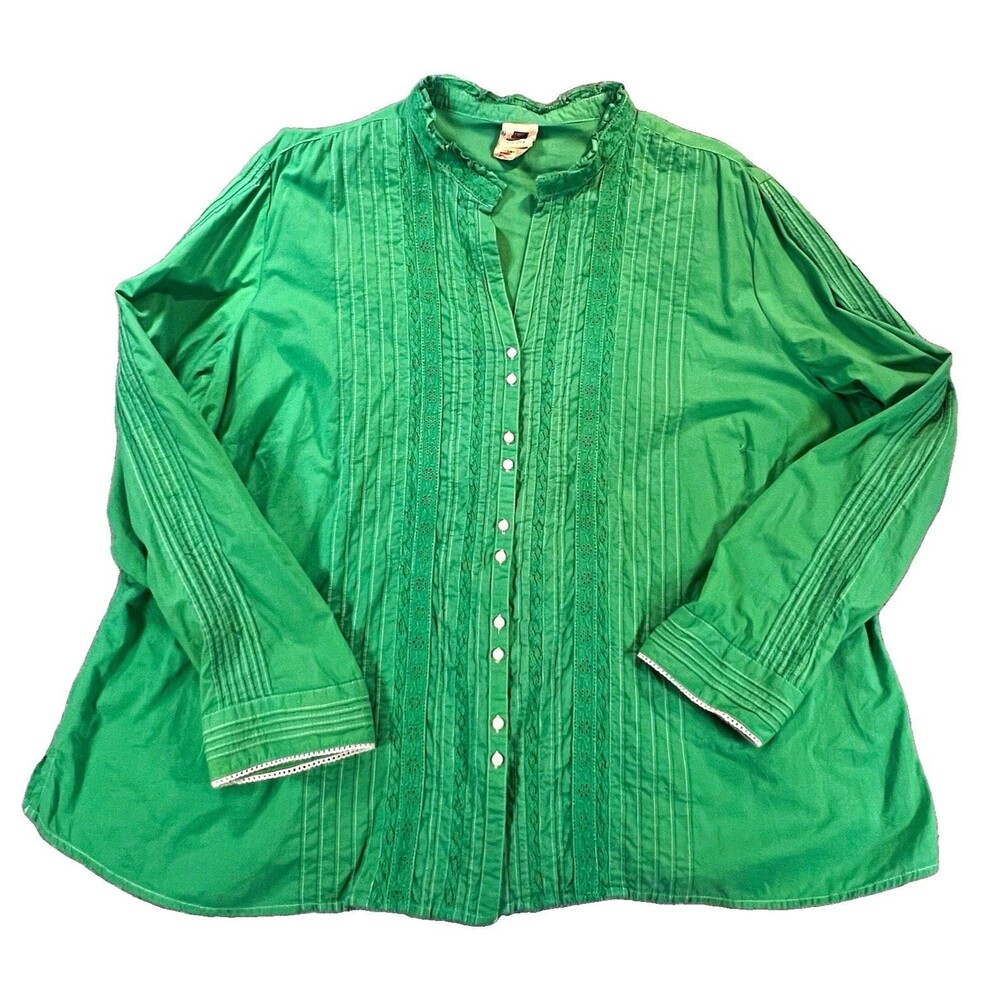 Faded Glory Plus 22W/24W Green Button Front Cotton Blouse Mandarin Lace Pintuck
